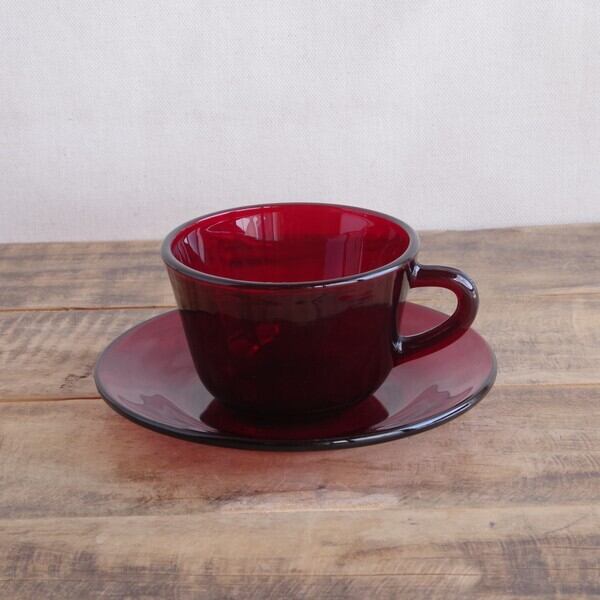 アメリカ製 アンカーホッキング ロイヤルルビー 赤 ガラス コーヒーカップ ソーサー ヴィンテージ 食器 1 2 レトロ ヴィンテージ Anchor Hocking プレスガラス Flohmarkt フローマルクト
