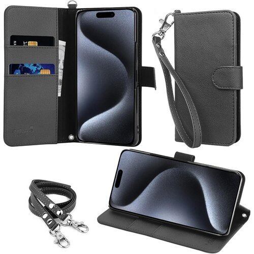 wisers iPhone 15 Pro Max 対応 手帳型 スマホケース ブラック 牛革PUレザー カードホルダー/スタンド機能付 ストラップ 2種付き ハンドストラップ/ネックストラップ 2491