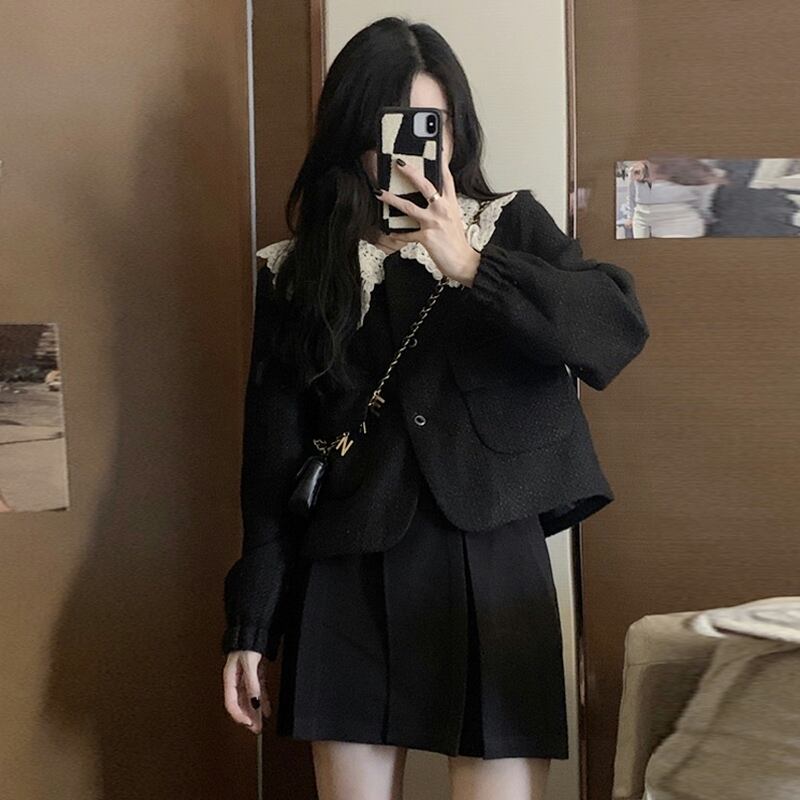 ブラックツィードジャケット スプリングオータムスタンダードショート レトロ 春物 秋物 スーパーモール53099782465