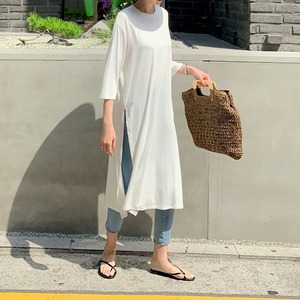 【サイドスリットロングTシャツ】ワンピース 7分袖 クルーネック 無地 シンプル きれいめ