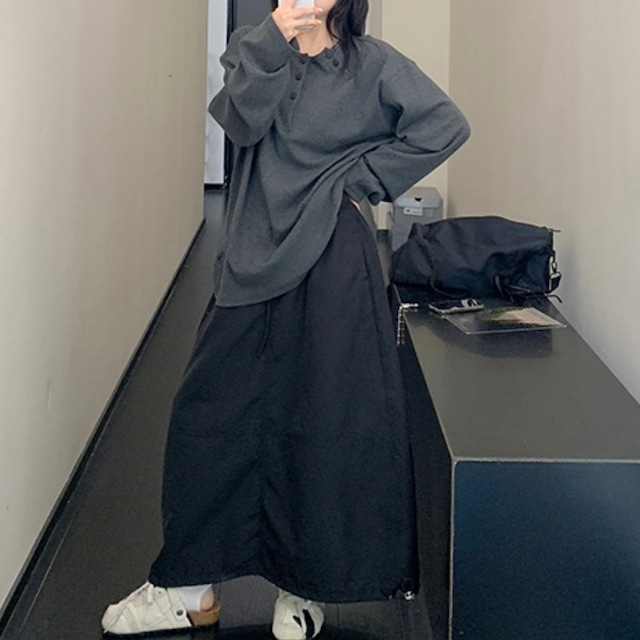asymmetrical design Henley neck long tee　アシメデザインヘンリーネックロングティー　J1559