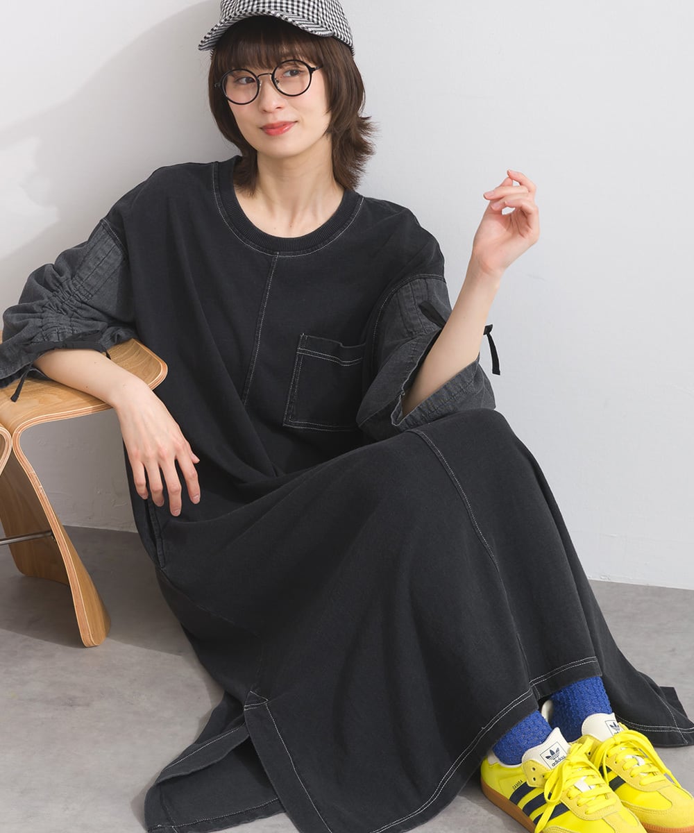 J261096 袖シャーリングデニム切替ワンピース / Shirring Sleeve Denim