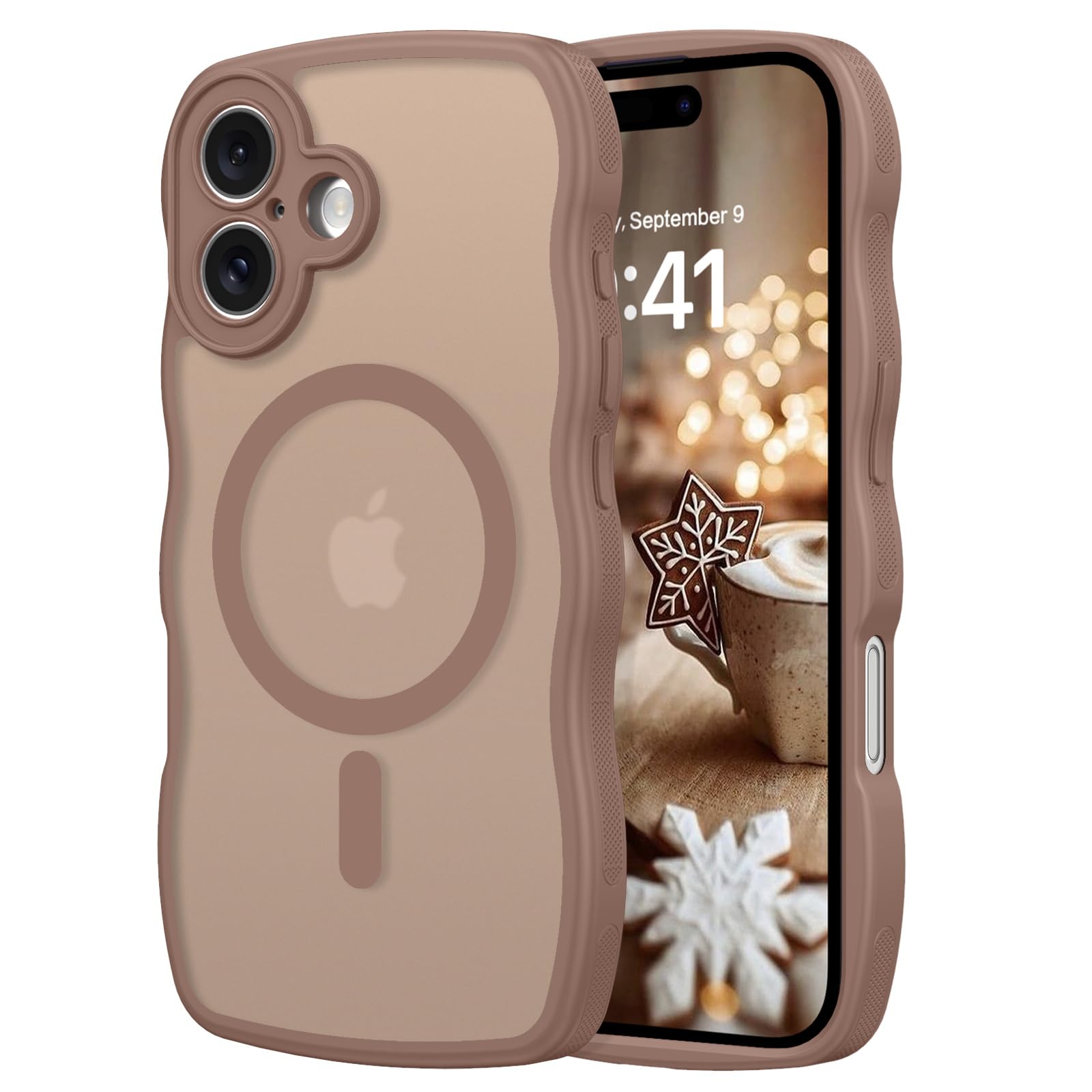 VENINGO iPhone 16用 ケース 上品ウェーブの形状 MagSafe対応 マグネット搭載 米軍耐衝撃 ワイアレス充電対応 黄変防止 あいふおん16ケース 滑り止め 半透明 マット感 波状 レンズ保護 マグセーフ いphone16 用カバー 6.1 インチ ブラウン