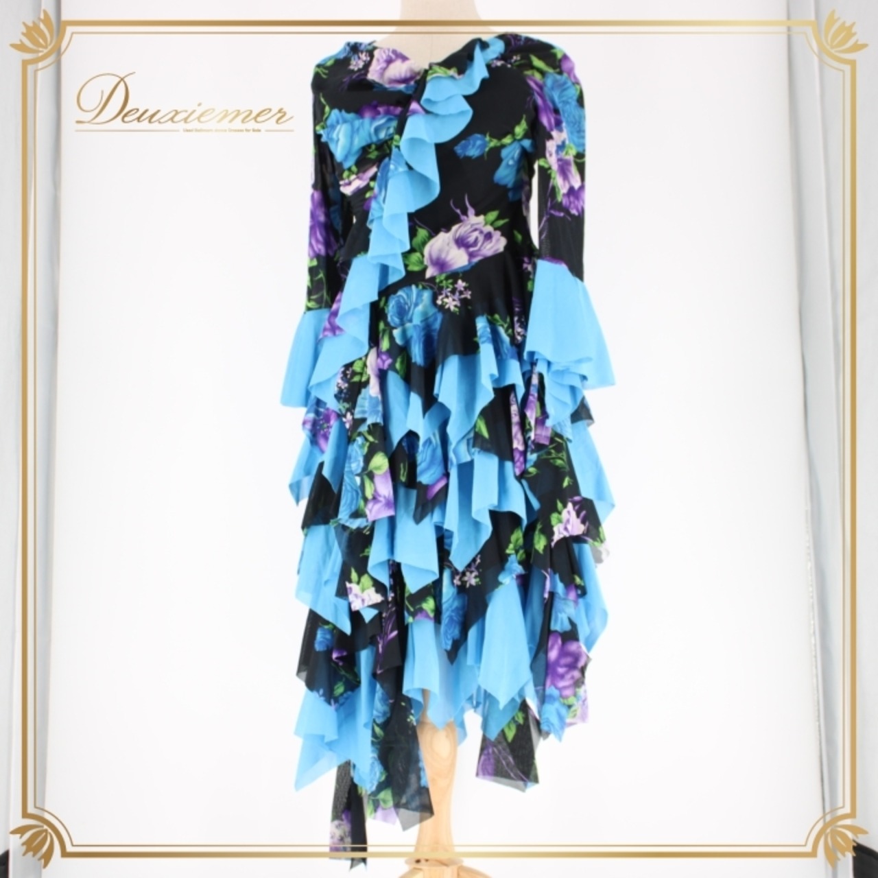 社交ダンス 衣装 スタンダード ドレス ワンピース レッスンウェア ブラック系 ブルー系 パープル系 グリーン系 prima boutique プリマブティック 黒 紫 緑 水色 フリル デザイン 花柄 おしゃれ 発表会 カジュアル 講習用 ダンス 練習 プロ用 体型カバー カラフル レディース ドレッシー かわいい 軽量 小さめ 大きめ 上品 伸縮性あり