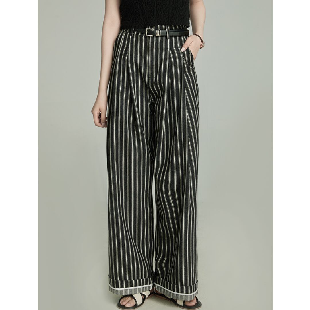 black and white striped high waisted casual pants
