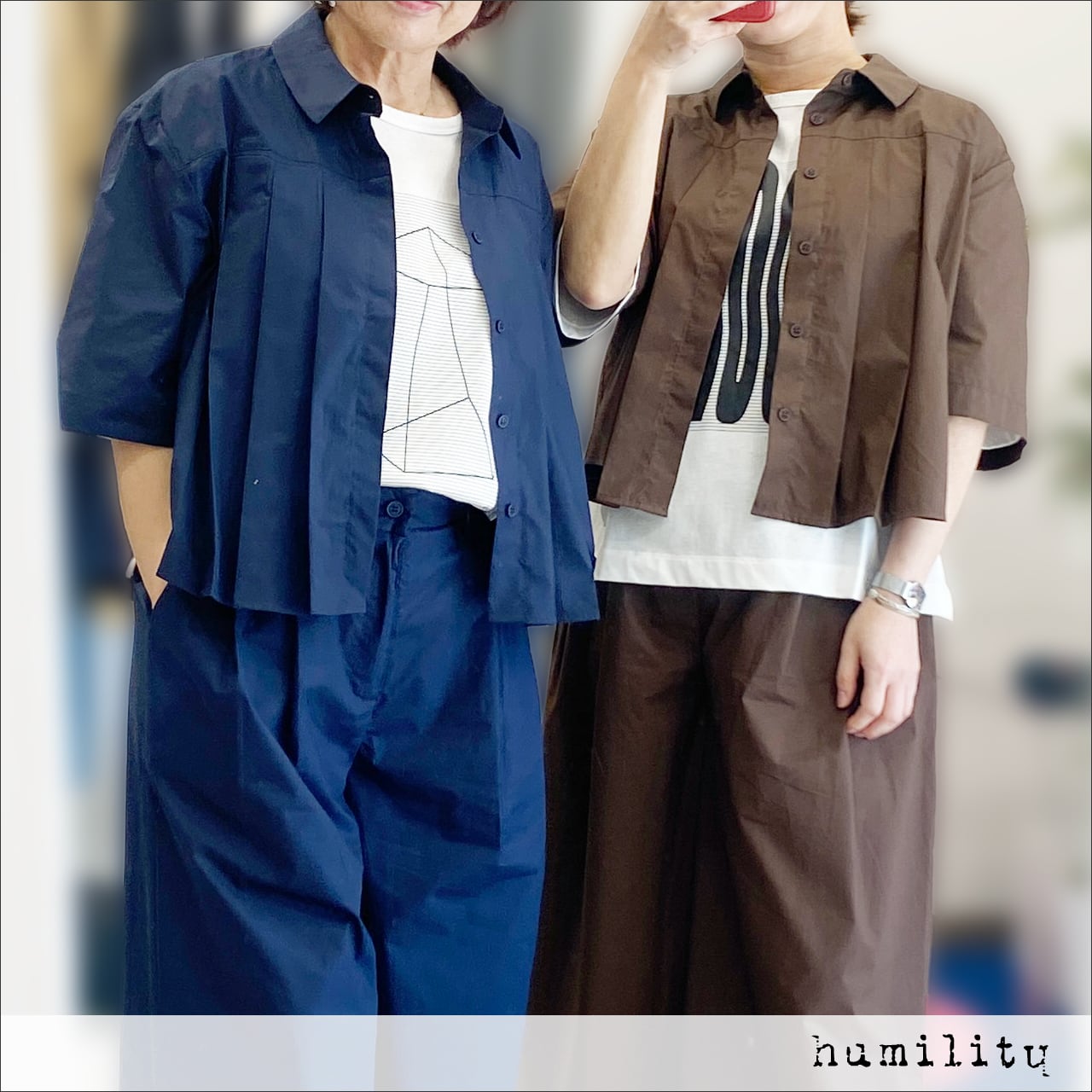 humility ボックスプリーツコットンシャツ 62716130 チョコレート/ネイビー/