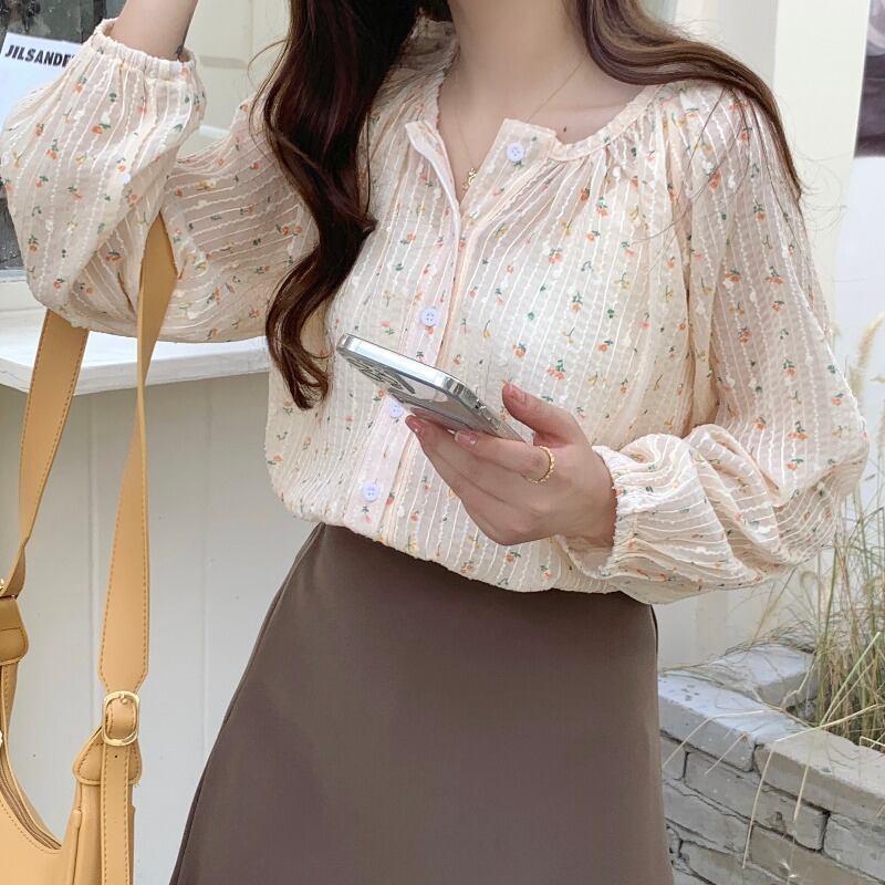 スタンダードフローラルシフォンシャツ オータムスタイルルーズストライプトップス レディース レトロ 秋物 花柄 ステッチ ハンチェンe3620576082