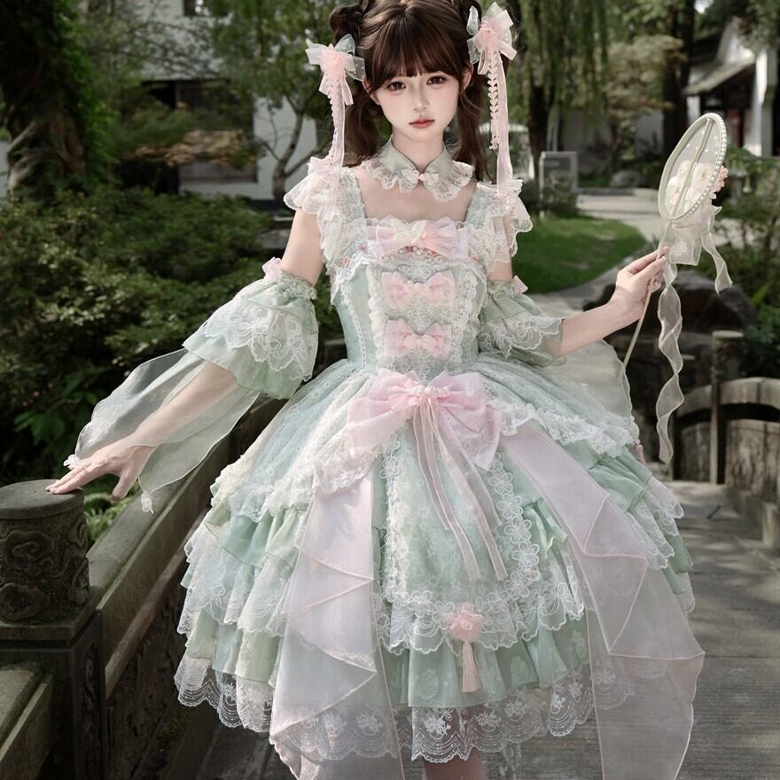 ロリータファッション 甘ロリ 若草色・ピンク・紫 レースリボン付け袖