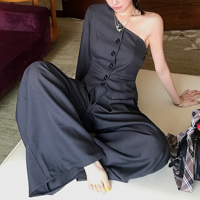 ワンショルダースリーブシャツワイドパンツ　セットアップ［S-L］