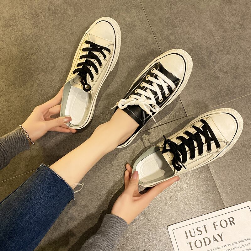 2020年春と夏の新しいセミドラッグ白い靴女性のヒールのないファッションワンペダル怠惰な靴ネット赤い野生のキャンバスシューズ 部族の婦人靴2637210