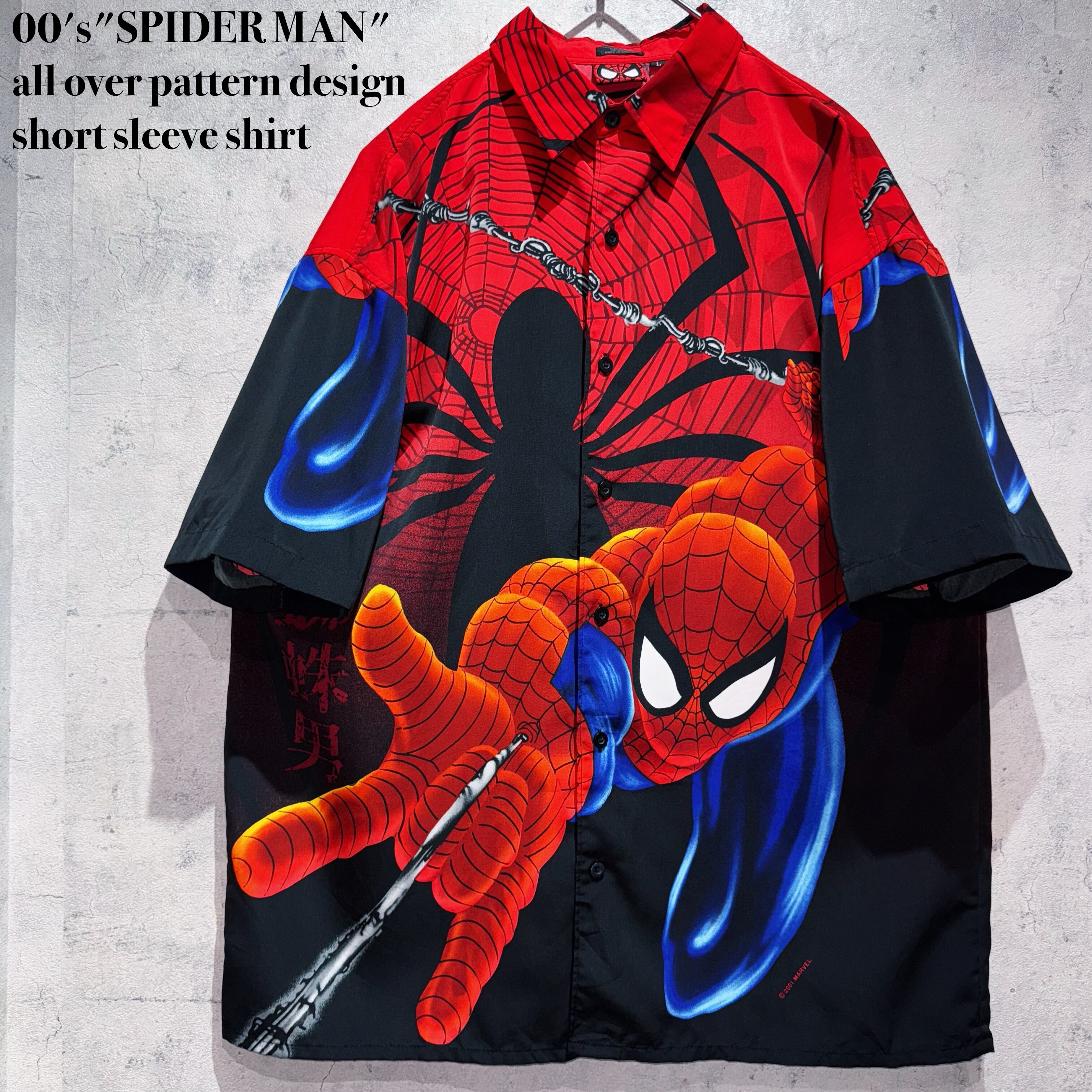 00's"SPIDER MAN"all over pattern design short sleeve shirt