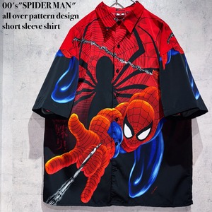 00's"SPIDER MAN"all over pattern design short sleeve shirt