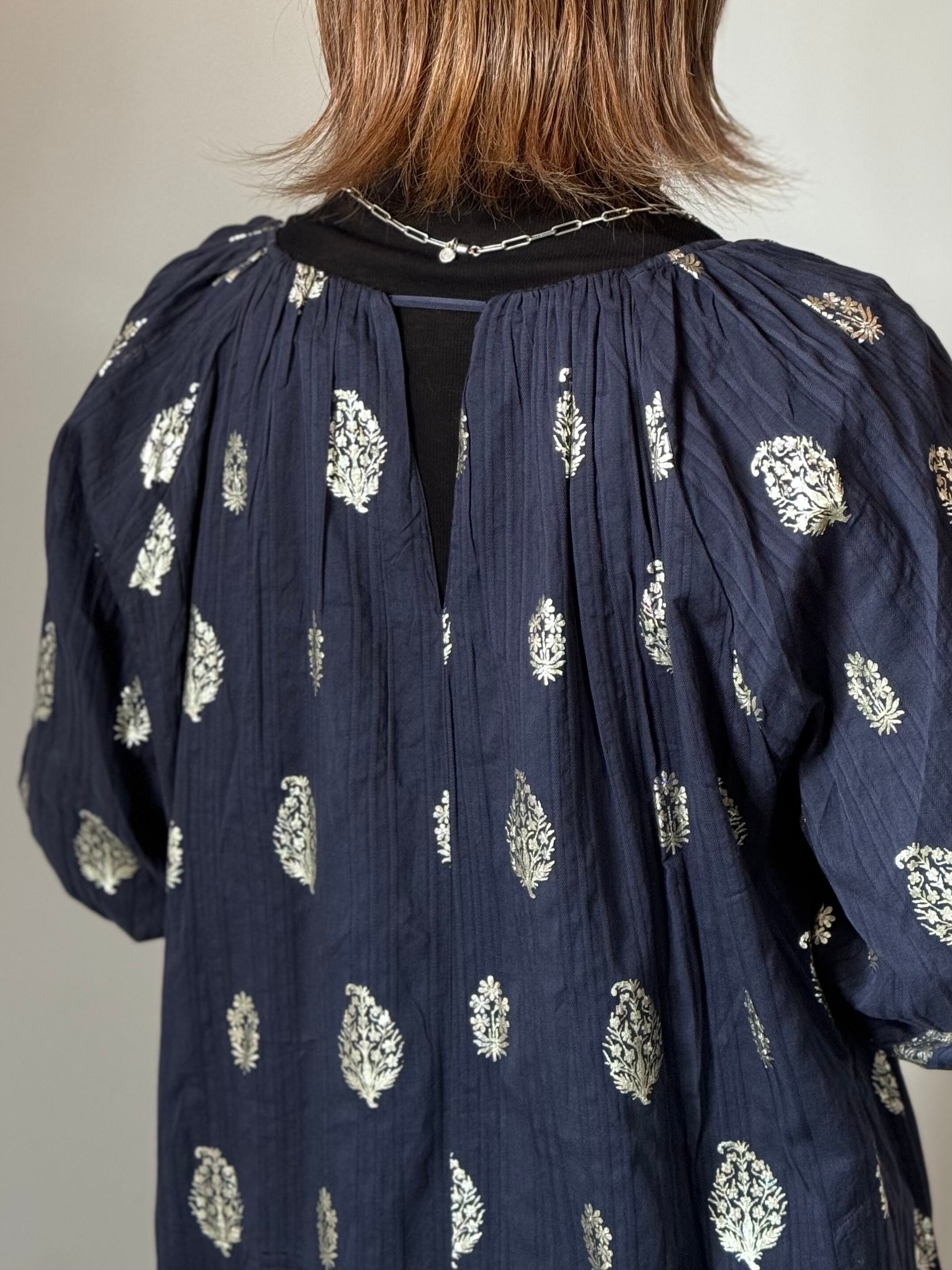 ne Quittez pas【Cotton Dobby Stripe Foil Print Neck Gather Dress