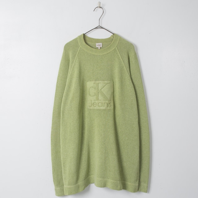 1990s vintage "Calvin Klein Jeans " front hubby design raglan cotton x acryl knitted sweater / made in Italy