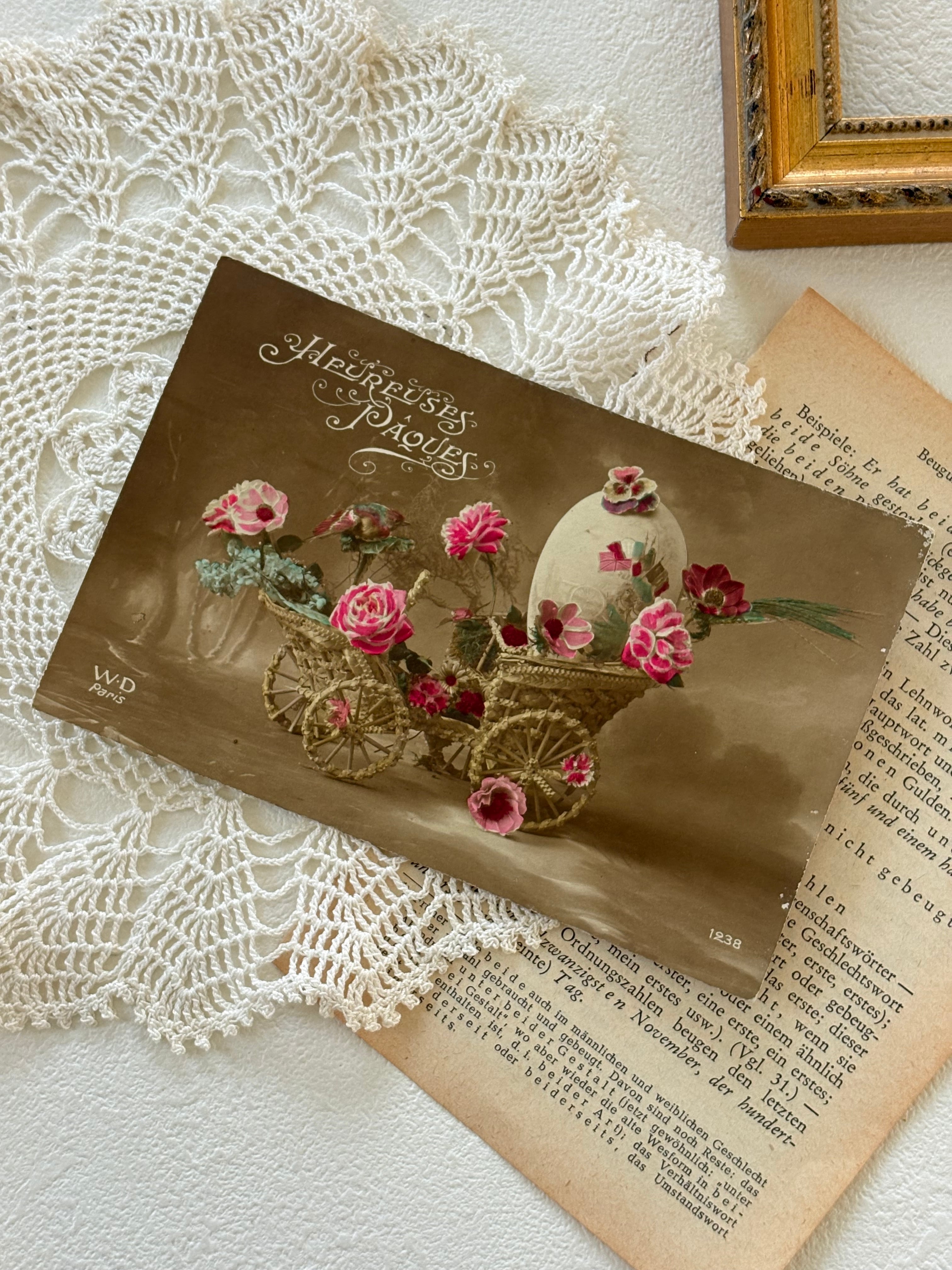 アンティークポストカード フランス イースター 花車 薔薇 額装 インテリア小物 コレクション