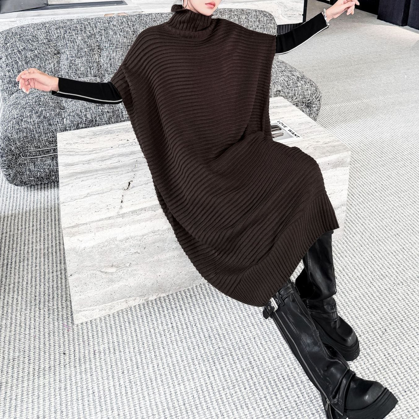 RIBBED HIGH NECK SIDE ZIP LONG KNIT DRESS M-18748