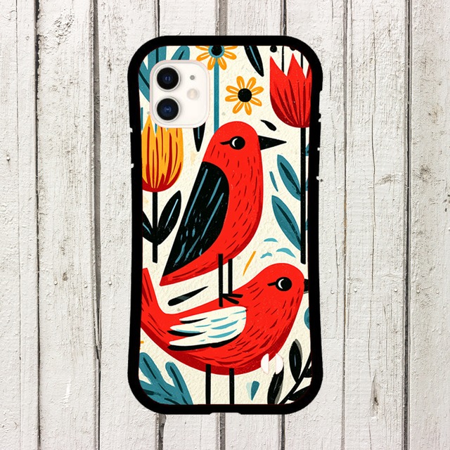 受注生産 iPhoneケース 赤いチューリップと鳥の民芸柄｜鳥モチーフ FMSY035C