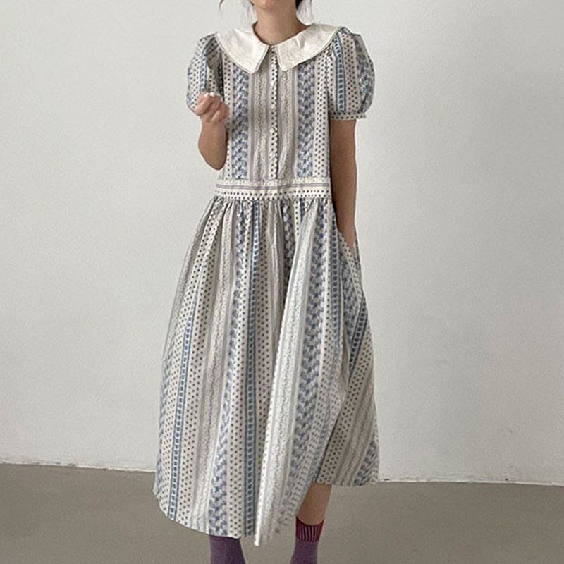 【着用レビュー】ワンピース レディース ロングワンピース ロング丈 半袖 パフスリーブ 襟付き かわいい 大人可愛い きれいめ 上品 エレガント 清楚 フェミニン おしゃれ お洒落 お嬢様 ナチュラル ラブリー キュート ガーリー レトロ ロマンチック 抜け感 爽やか 主役級 存在感 学生 通学 デート お出かけ 女子会 旅行 カフェ巡り お買い物 フリーサイズ 春 夏 10代 20代 韓国 韓国系 着回し 普段使い 体型カバー プチプラ モテ トレンド 流行 送料無料