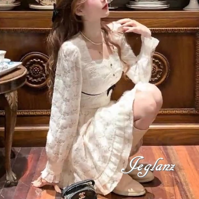 ワンピース ドレス 刺繍 レース フリル フレア ミニスカ フェミニン ♪ (M8995)α