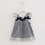 【即納】リボンが可愛いストライプドットワンピ(ネイビー)
