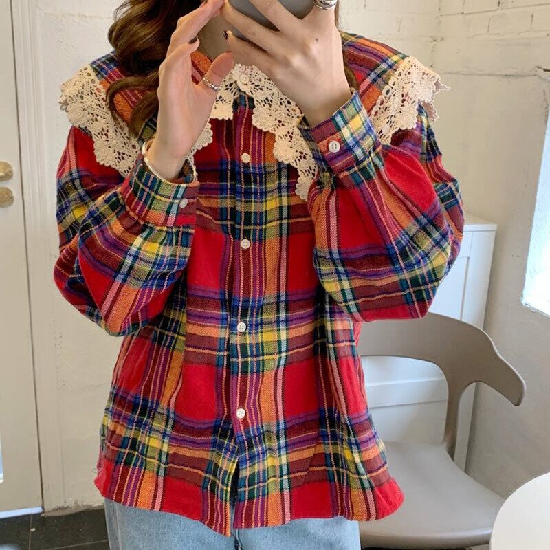 格子柄シャツ スプリングカラーレースブラウス 大人ガーリー スウィート キュート カジュアル 春物 ステッチ 萌量不足17046771390