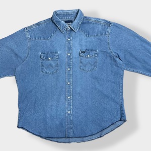 【Wrangler】ウエスタンデニムシャツ デニムシャツ ウエスタンシャツ ショルダーヨーク フラップポケット XL相当 ビッグシルエット ラングラー 胸パッチ us古着