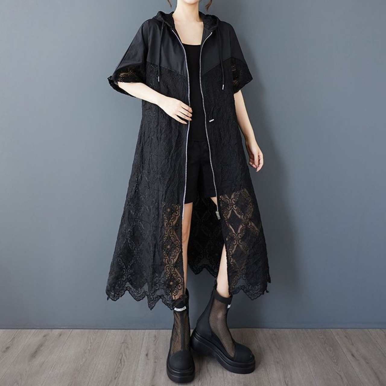 フード付き ジップアップ レースワンピース  30106