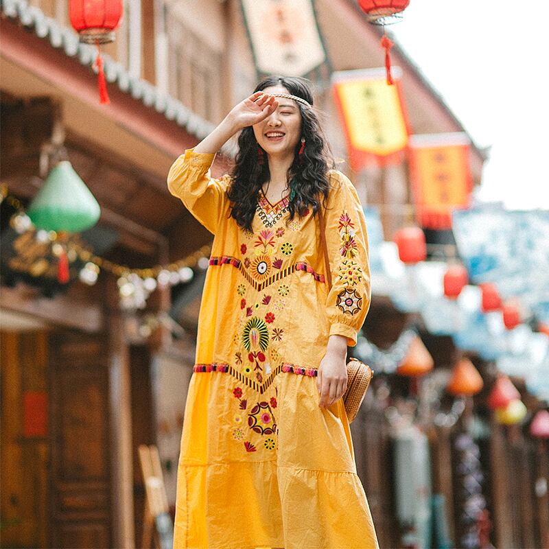 2019重工業刺繍ドレス雲南旅行ロングスカートネパールエスニックスタイルドレスpo休日婦人服 ドリームホーストラベル婦人服79893799771