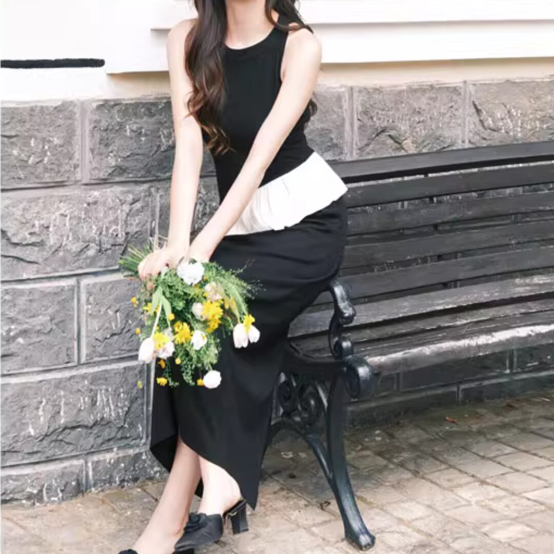 ペプラムデザイン ノースリーブトップス&Aライン マキシ丈 セット 00545