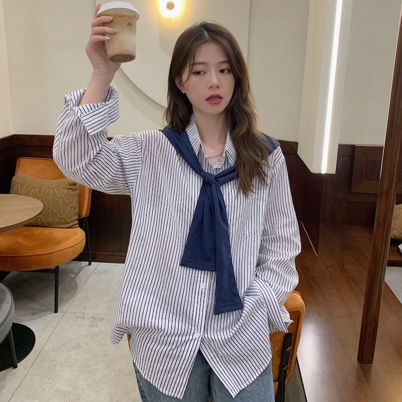 シャツ オータムトップス スタイルルーズストライプ ロング 秋物 1号婦人56094845245