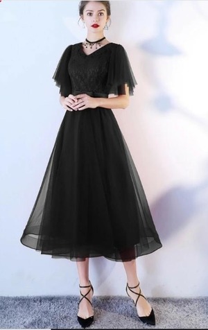 ★送料無料★9号(M)★チュール袖フリルのパ－ティ－ドレス(OPN2357)