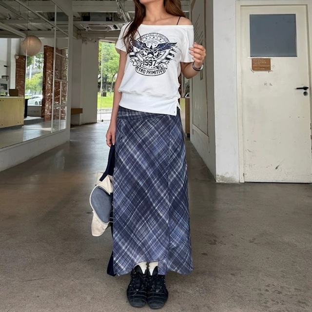 ワンショルダーレトロエンブレムグラフィックTシャツ 2col R02446