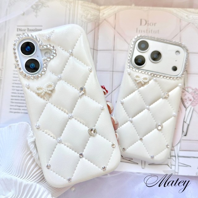 キルティングビジューホワイトiPhoneケース
