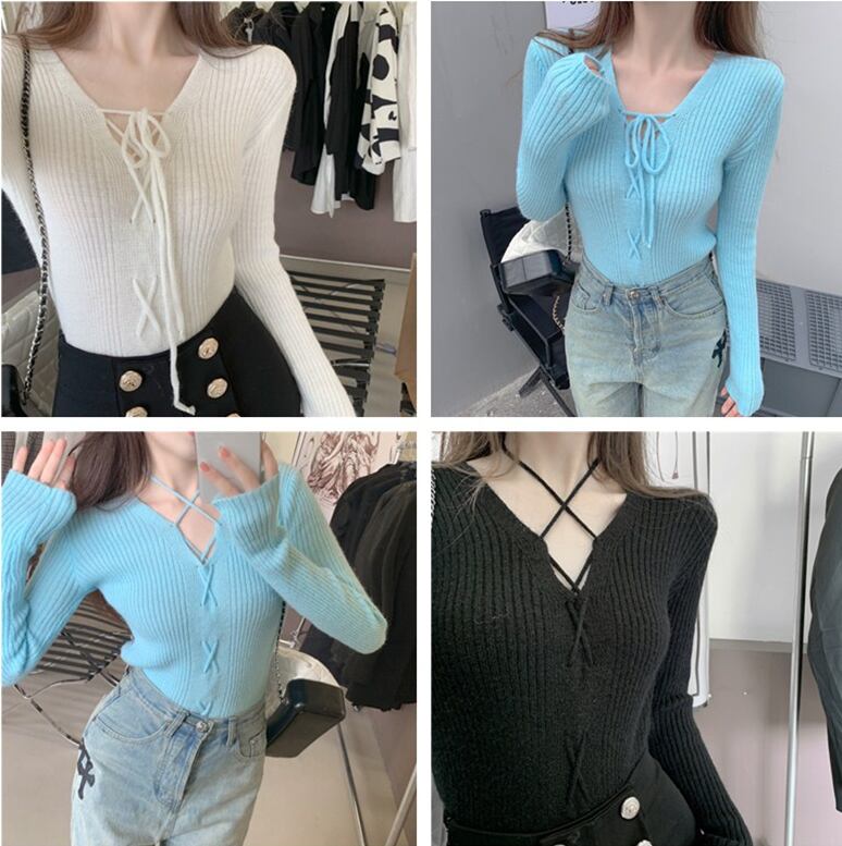 クロスVネックスリムニットセーター レディースオータムウィンタースタイルソリッド カラークロップドトップス 秋物 冬物 ソリッドカラー ドラファッションホール16074296891