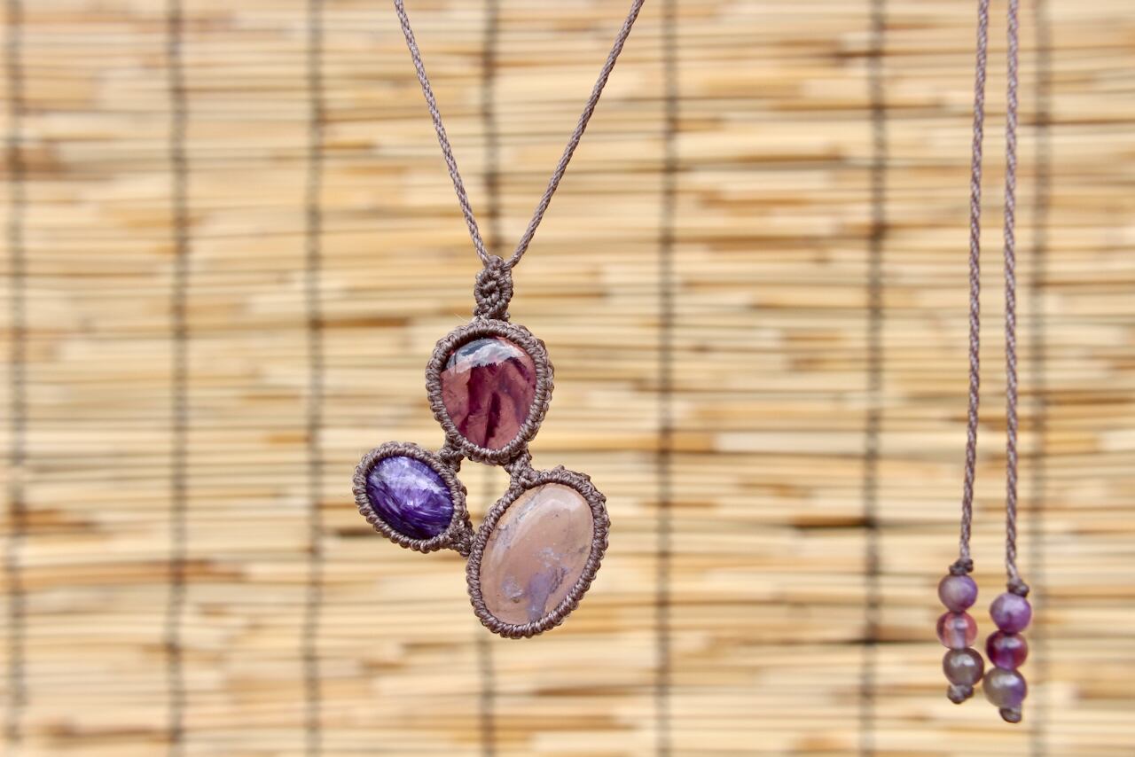 Fluorite & Charoite & Amethyst micro macrame pendant