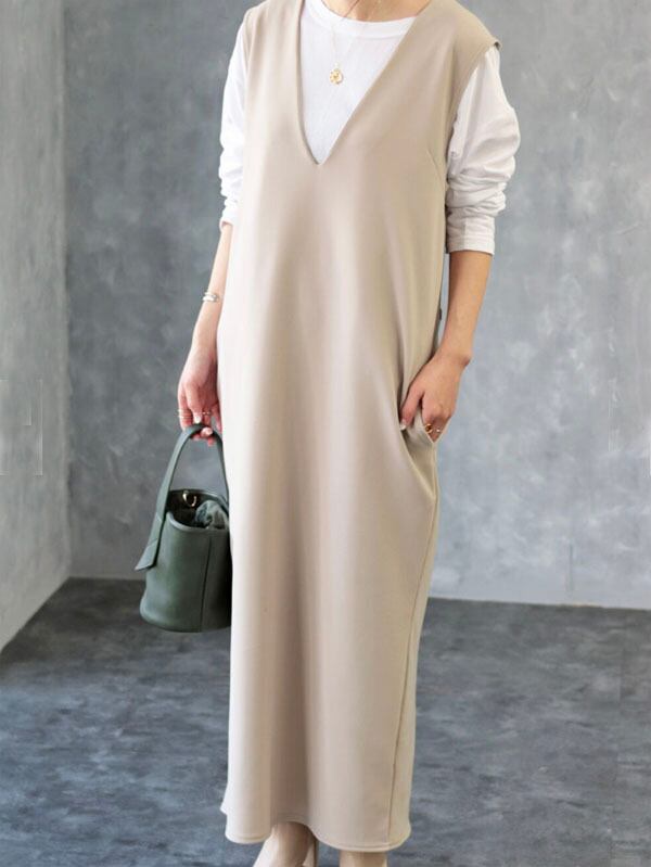 Vネックロングワンピース Color ベージュ Tk Land 韓国デザイナーズブランド トレンドファッション