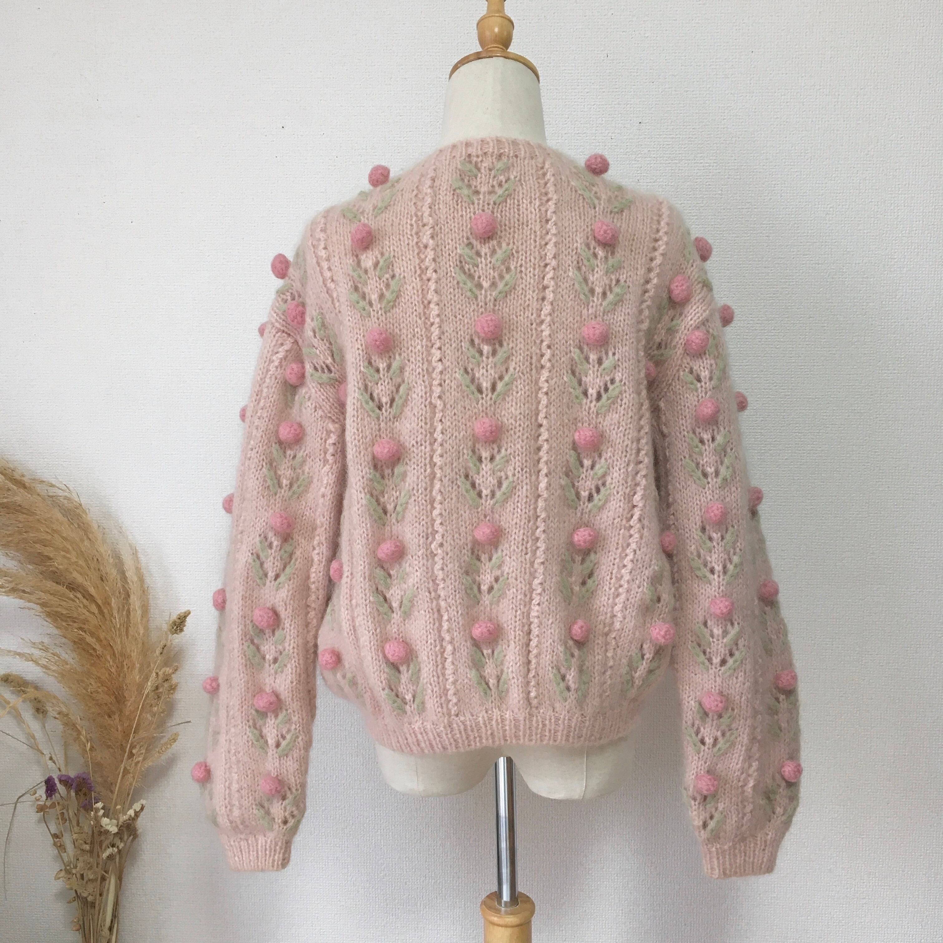 flower pompon knit cardigan〈レトロ古着 フラワーポンポンニット ...