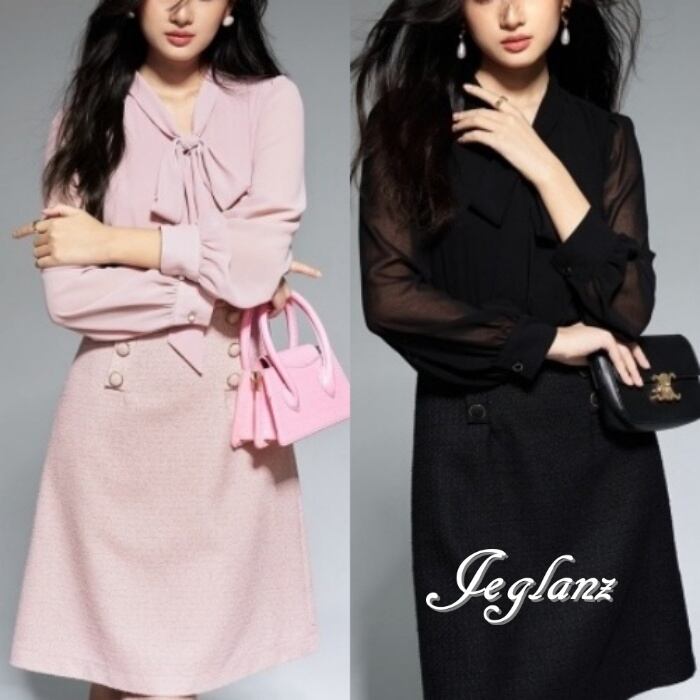 フェイクレイヤード ワンピース 異素材 ボウタイ ひざ上 肌透け 高見え 2色(M4749)γα