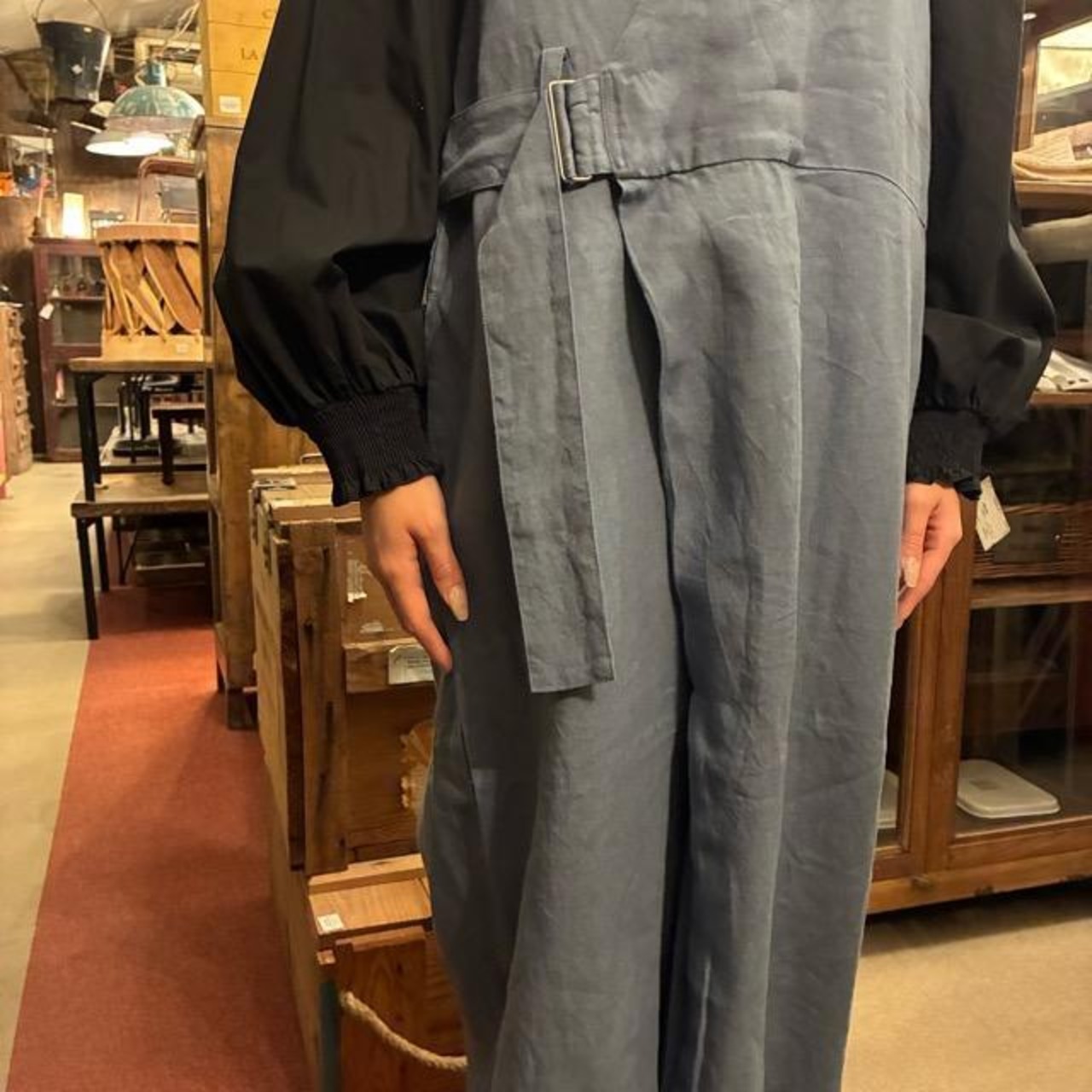 UNIVERSAL TISSU Triple Washed Linen Cotton Wrap Culotte Overalls in Smoky Blue