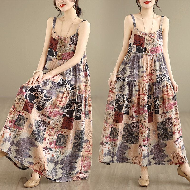 PRINT TIERED SLEEVELESS MAXI DRESS M-17687