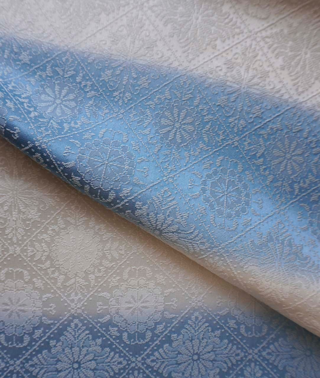 【帯揚げ】新橋色 ×象牙色 防染糸 華紋詰襷文 横段ぼかし帯揚げ No.260114➁