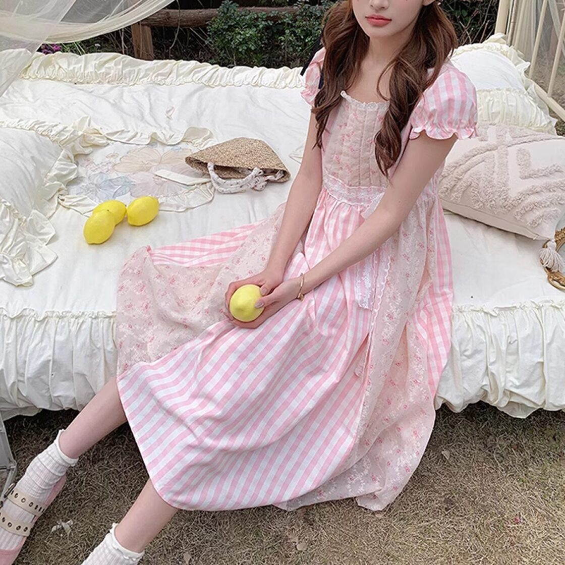 レディース 半袖 ワンピース チェック柄 フリル ロリータ ロング丈 