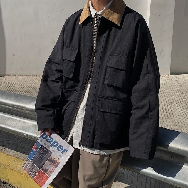 【予約販売】ジャケット メンズ アウター ヴィンテージ レトロ 無地 オーバーサイズ ブラック カーキ ショート丈 防寒 お洒落 こなれ感 ベーシック 秋冬 大きいサイズ M/L/XL/2XL