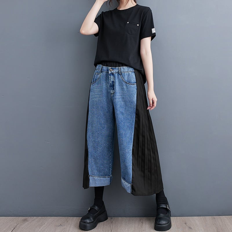 体型、補正、裁断 BLUE DENIM STITCH BLACK PLEATED WIDE LEG CROPPED PANTS