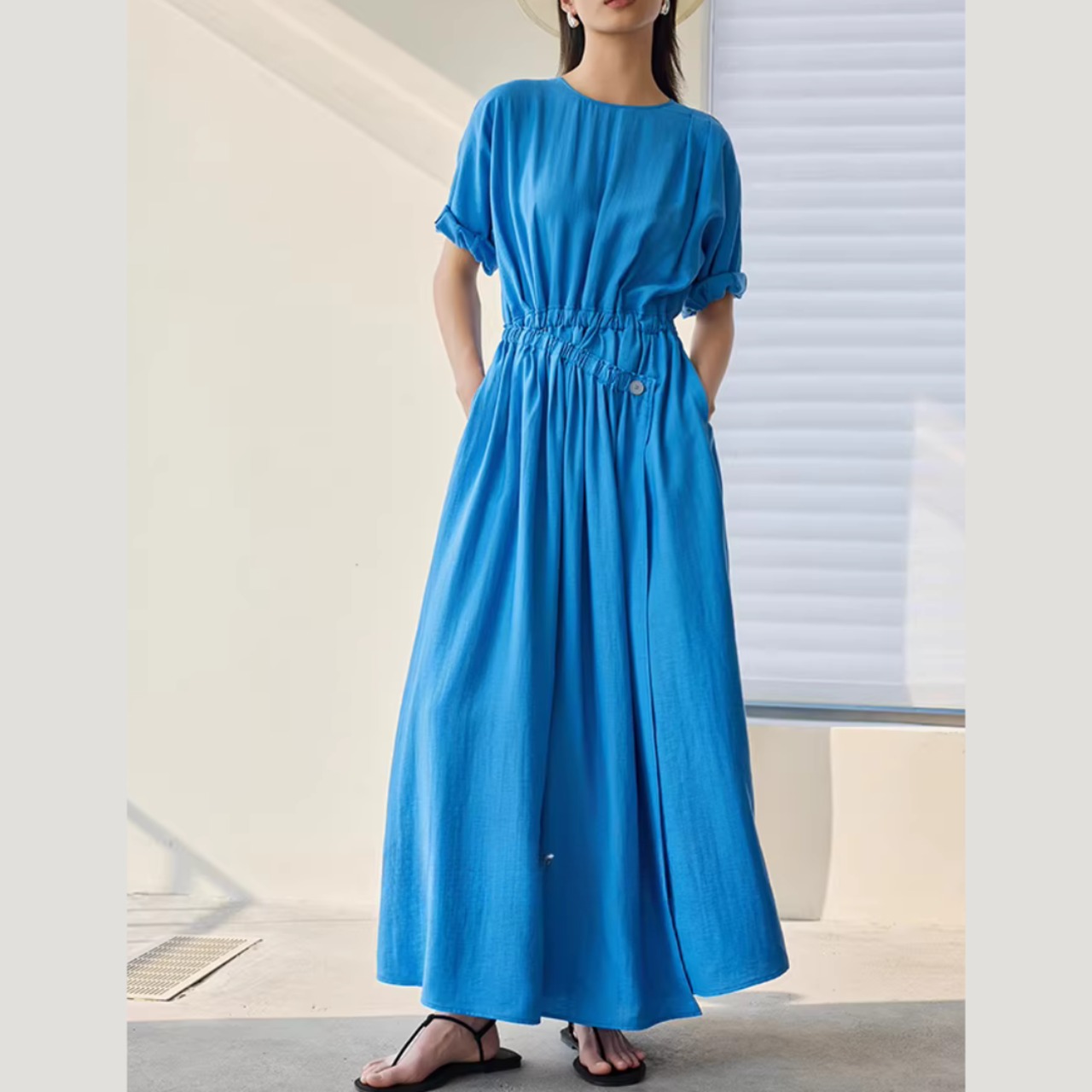 半袖 ギャザーウエストラップ風 マキシ丈 ワンピース 00167・画像4