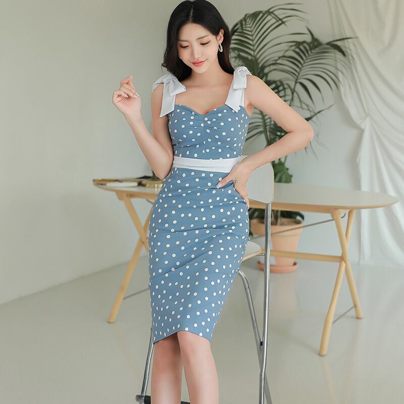 【新作】【送料無料】 2023 新しい夏スタイル韓国スタイルスリムフィットミッドレングスカラーブロック水玉ストラップヒップスカートドレス 4739 0330016294972