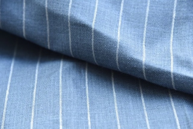 普通地　リネン　二重織　ストライプ　ポンドブルー