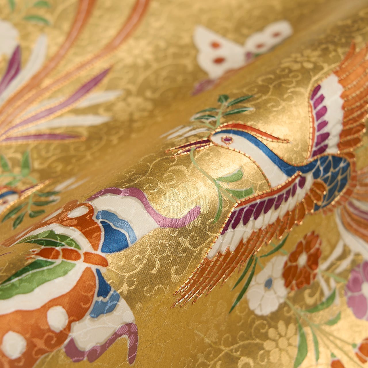 鳳凰と蝶々の模様 手描友禅に摺箔 名古屋帯 【未着用品】 | かわの屋