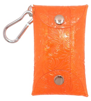 エンボス (ペイズリー柄) クリアケース 小物 透明 持ち運び (オレンジ) カラビナ付 ポーチ 工房 手作り 日本製 エコパッケージ MX-0025-203