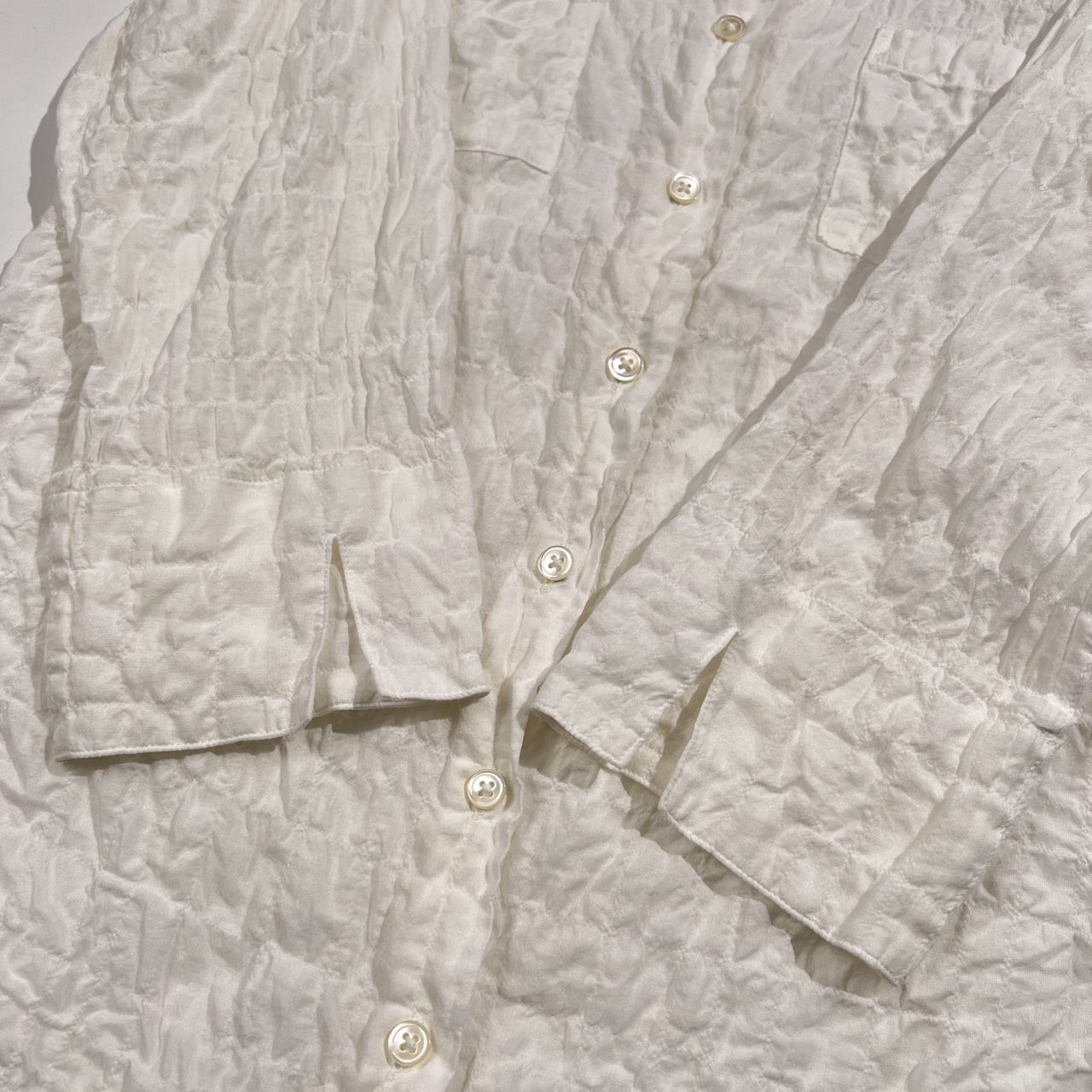 Mademoiselle NON NON マドモアゼルノンノン シアサッカー風 七分袖 コットン シャツ ブラウス 38 M /シルク&レーヨン混/ホワイト